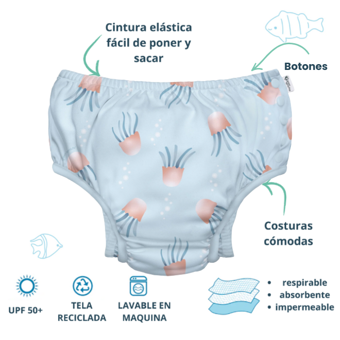 Pañal de Agua Reutilizable Broches Laterales Medusas Green Sprouts