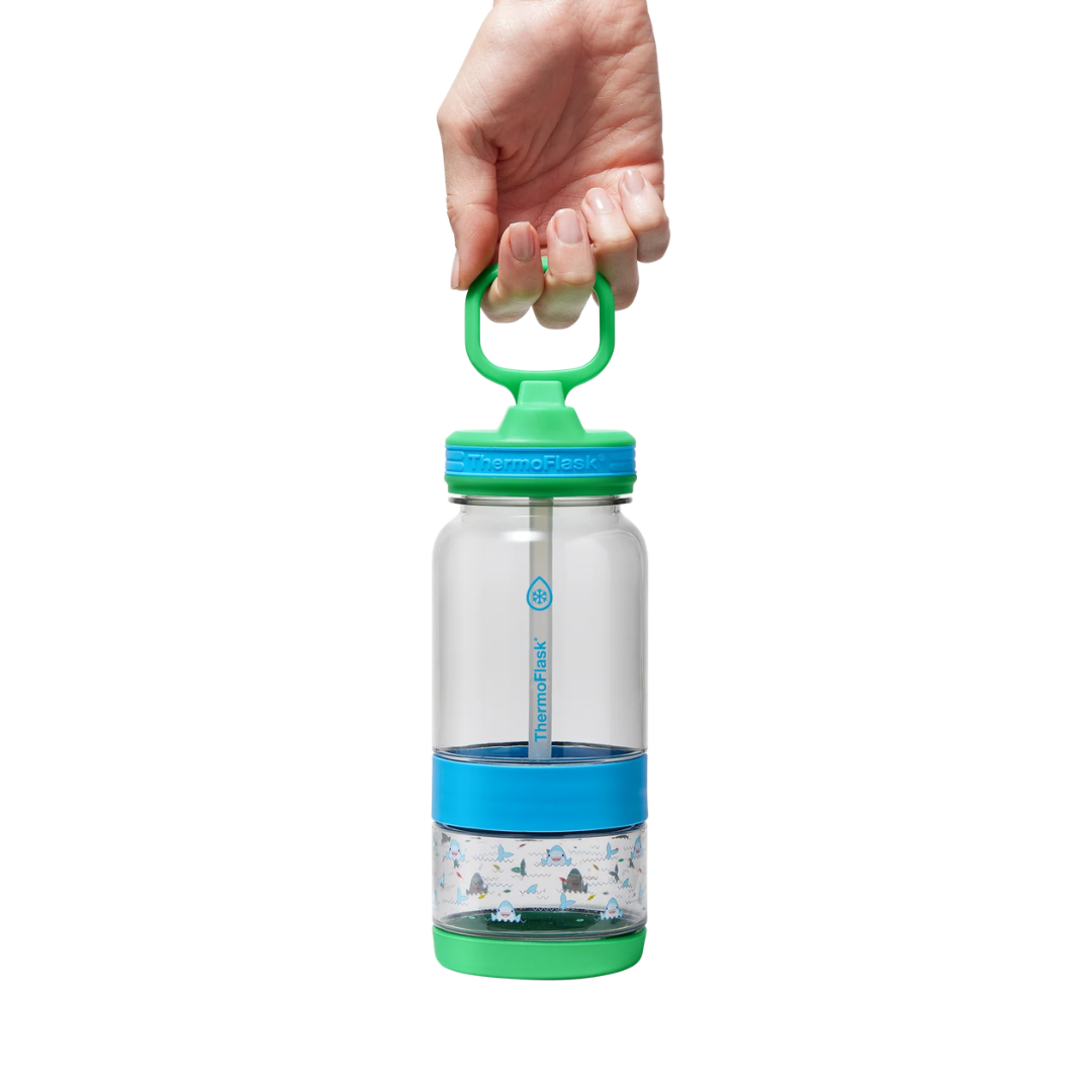 Botella Tritan™ 2 en 1 para Agua y Snacks Tiburones Thermoflask
