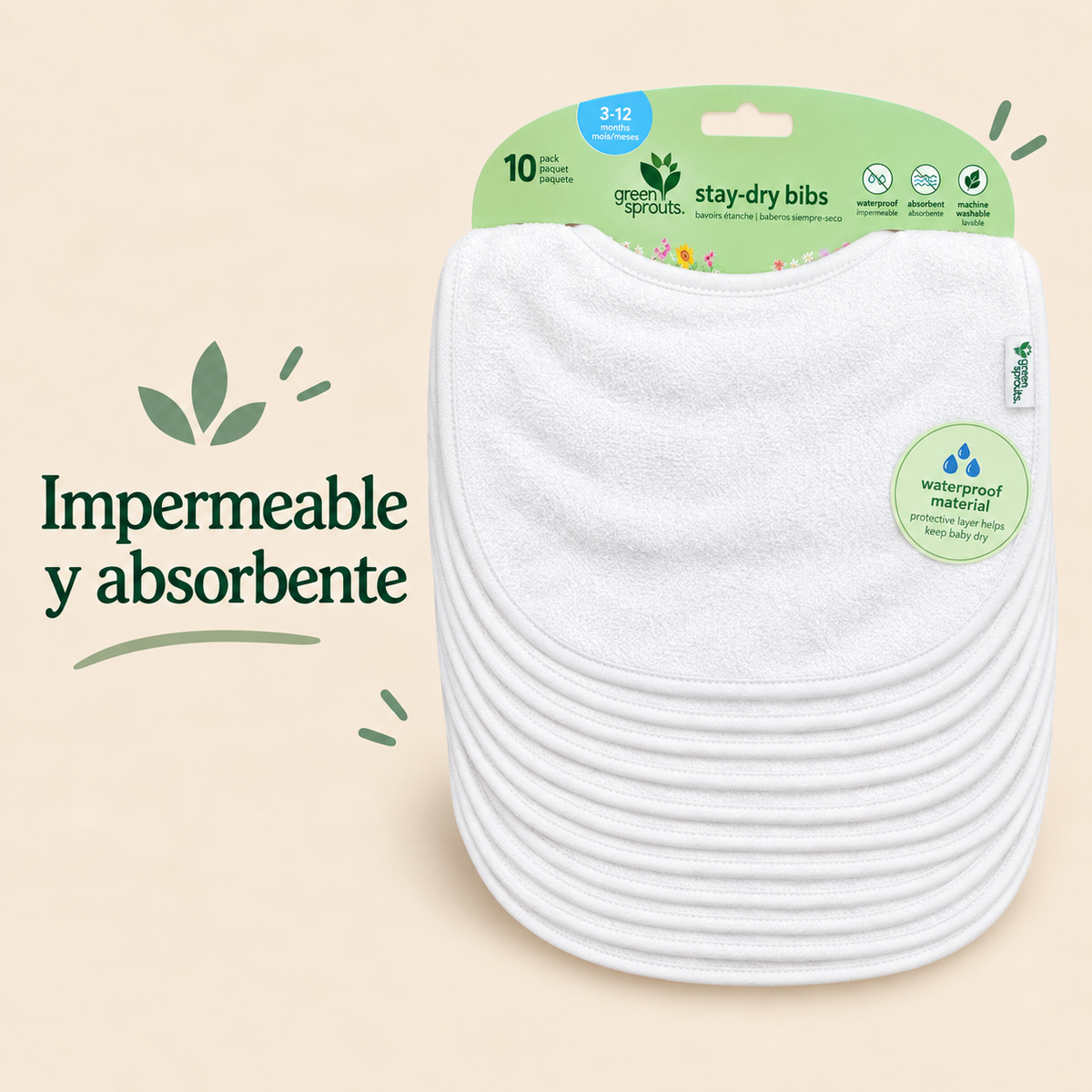 Pack 10 Baberos Impermeable Blanco Green Sprouts (3-12m)